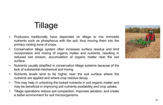 Tillage
• Producers traditionally have depended on tillage to mix immobile
nutrients such as phosphorus with the soil, thus moving them into the
primary rooting zone of crops.
• Conservation tillage system often increases surface residue and limit
incorporation and mixing of organic matter and nutrients, resulting in
reduced soil erosion, accumulation of organic matter near the soil
surface.
• Nutrients usually stratified in conservation tillage systems because of the
lack of substantial mechanical soil mixing.
• Nutrients levels tend to be higher near the soil surface where the
nutrients are applied and where crop residue decay.
• This may help in unlocking the locked nutrients in soil organic matter and
may be beneficial in improving soil nutrients availability and crop uptake.
• Tillage operations reduce soil compaction, improves aeration, and create
a better environment for soil microorganisms.
24
 