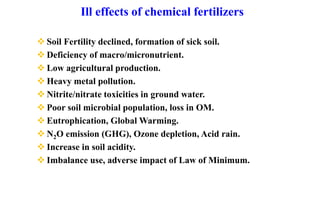 Ill effects of chemical fertilizers
 Soil Fertility declined, formation of sick soil.
 Deficiency of macro/micronutrient.
 Low agricultural production.
 Heavy metal pollution.
 Nitrite/nitrate toxicities in ground water.
 Poor soil microbial population, loss in OM.
 Eutrophication, Global Warming.
 N2O emission (GHG), Ozone depletion, Acid rain.
 Increase in soil acidity.
 Imbalance use, adverse impact of Law of Minimum.
 
