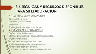 3.4 TECNICAS Y RECURSOS DISPONIBLES
PARA SU ELABORACION
 TECNICAS DE INFORMACION
Observación directa.
Encuestas y cuestionarios.
Entrevistas.
Análisis de estudios y documentación.
 FUENTES DE INFORMACION
Proveedores y distribuidores.
Institutos de estadística y Observatorios de empleo.
Organismos públicos
Asociaciones y colegios profesionales
Sindicatos y organizaciones empresariales
Profesionales o servicios externos.
Libros, revistas, directorios o Webs especializadas.
 