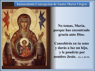 Inmaculada Concepción de Santa María Virgen

No temas, María,
porque has encontrado
gracia ante Dios.
Concebirás en tu seno
y darás a luz un hijo,
y le pondrás por
nombre Jesús. (Lc 1, 26-33)

 