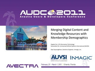 Merging Digital Content and Knowledge Resources with Membership DemographicsAngela Carr, VP Information TechnologyAssociation for Unmanned Vehicle Systems International (AUVSI)Kipo Saysongkham, Solutions Engineer, Inmagic, Inc. 