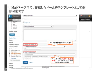 目次 
• InMail（インメール）の基本的心構え 
• 作業量とアウトプットのイメージ 
• InMailページガイド 
• インメール文例集 
LinkedIn Confidential ©2013 All Rights Reserved 
 