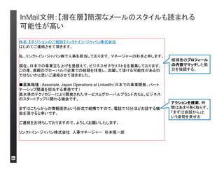 目次 
• InMail（インメール）の基本的心構え 
• 作業量とアウトプットのイメージ 
• InMailページガイド 
• インメール文例集 
注意点：：：：文例は参考までにお願いします。 
内容は自社のメッセージにカスタマイズして、 
はじめて効果的になります 
LinkedIn Confidential ©2013 All Rights Reserved 
 