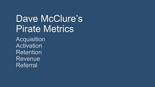 Dave McClure’s
Pirate Metrics
Acquisition
Activation
Retention
Revenue
Referral
 