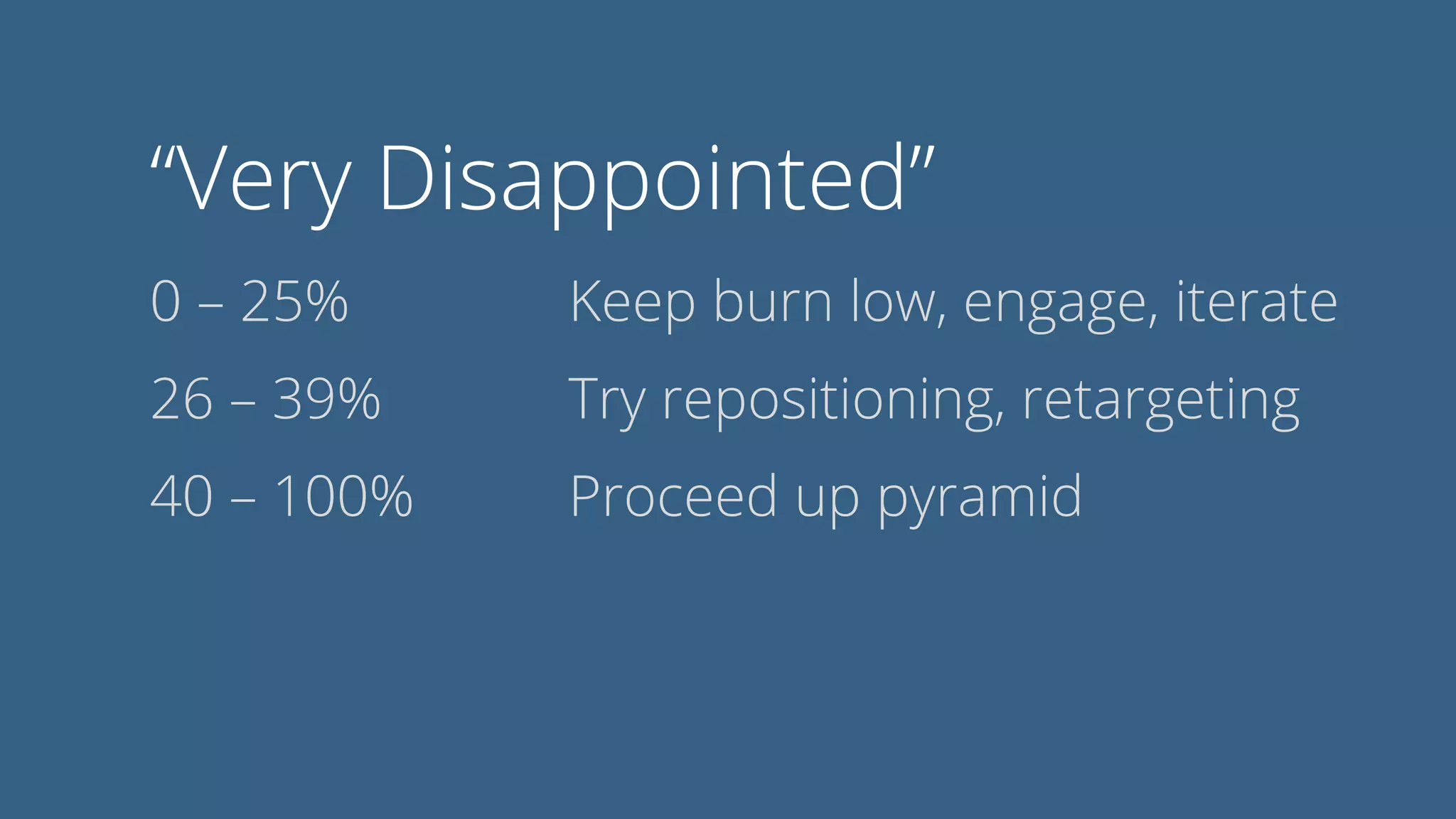 “Very Disappointed”
0 – 25%
26 – 39%
40 – 100%
Keep burn low, engage, iterate
Try repositioning, retargeting
Proceed up pyramid
 