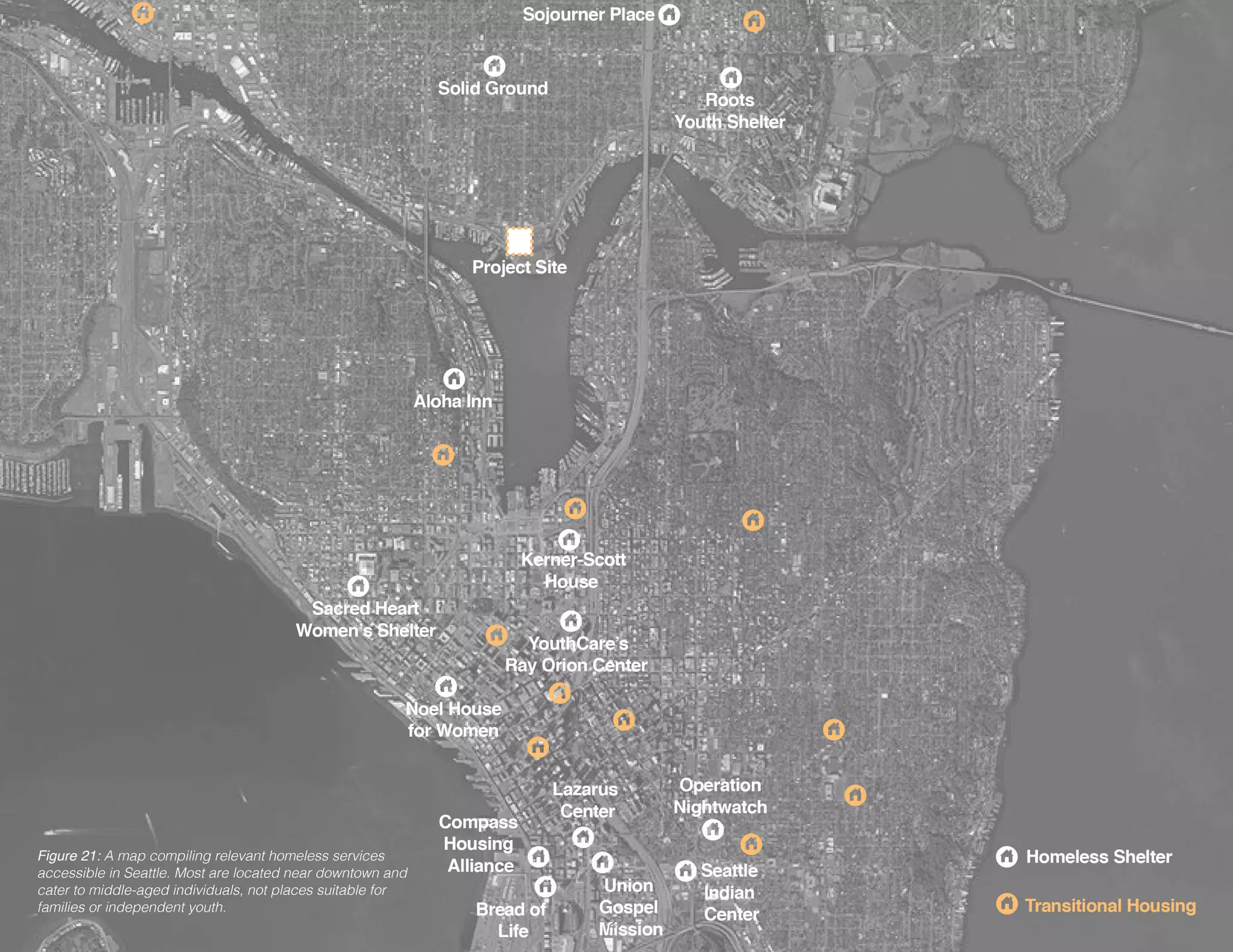 Figure 21: A map compiling relevant homeless services
accessible in Seattle. Most are located near downtown and
cater to middle-aged individuals, not places suitable for
families or independent youth.
27
 