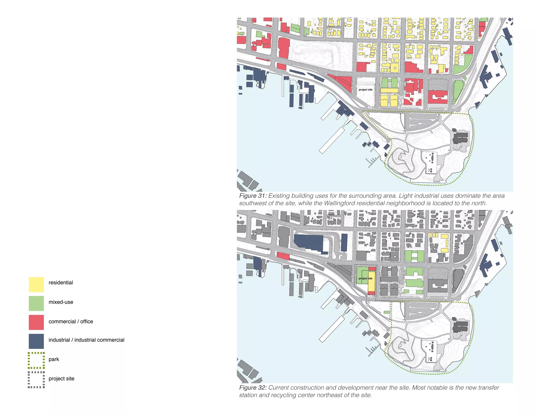 residential
mixed-use
commercial / office
industrial / industrial commercial
park
project site
Figure 31: Existing building uses for the surrounding area. Light industrial uses dominate the area
southwest of the site, while the Wallingford residential neighborhood is located to the north.
Figure 32: Current construction and development near the site. Most notable is the new transfer
station and recycling center northeast of the site.
 