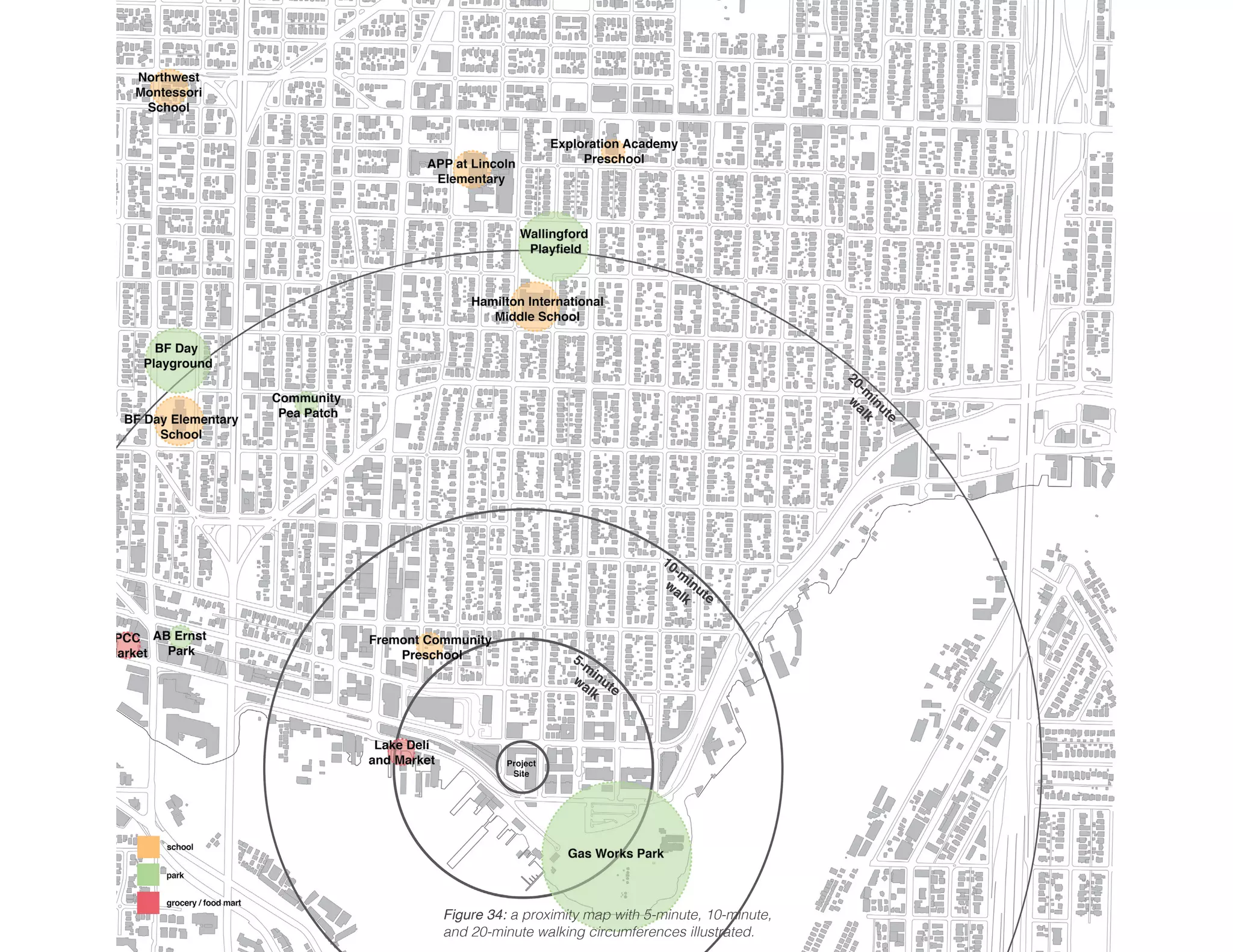 Figure 34: a proximity map with 5-minute, 10-minute,
and 20-minute walking circumferences illustrated.
 