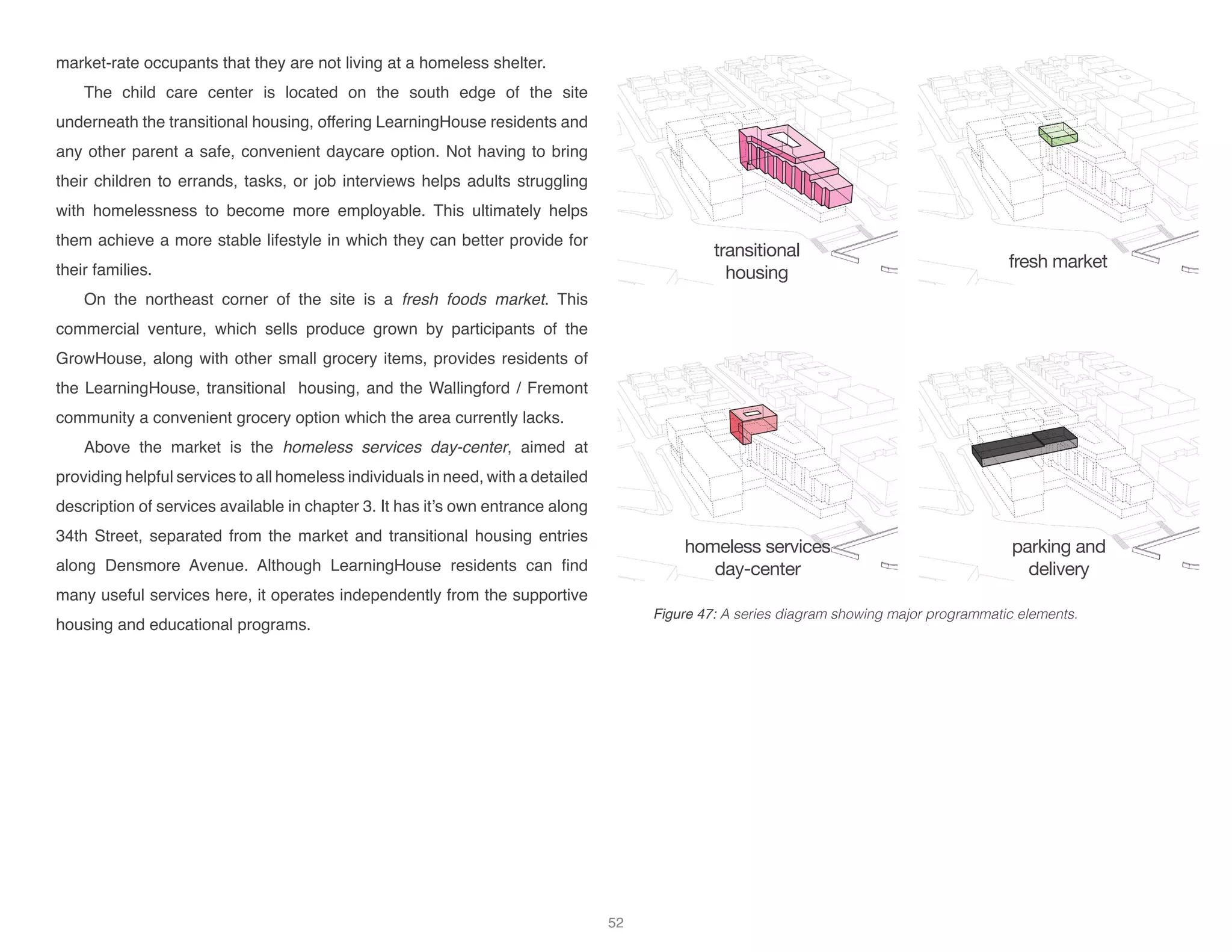 transitional
housing
fresh market
homeless services
day-center
parking and
delivery
market-rate occupants that they are not living at a homeless shelter.
The child care center is located on the south edge of the site
underneath the transitional housing, offering LearningHouse residents and
any other parent a safe, convenient daycare option. Not having to bring
their children to errands, tasks, or job interviews helps adults struggling
with homelessness to become more employable. This ultimately helps
them achieve a more stable lifestyle in which they can better provide for
their families.
On the northeast corner of the site is a fresh foods market. This
commercial venture, which sells produce grown by participants of the
GrowHouse, along with other small grocery items, provides residents of
the LearningHouse, transitional housing, and the Wallingford / Fremont
community a convenient grocery option which the area currently lacks.
Above the market is the homeless services day-center, aimed at
providing helpful services to all homeless individuals in need, with a detailed
description of services available in chapter 3. It has it’s own entrance along
34th Street, separated from the market and transitional housing entries
along Densmore Avenue. Although LearningHouse residents can find
many useful services here, it operates independently from the supportive
housing and educational programs.
Figure 47: A series diagram showing major programmatic elements.
52
 