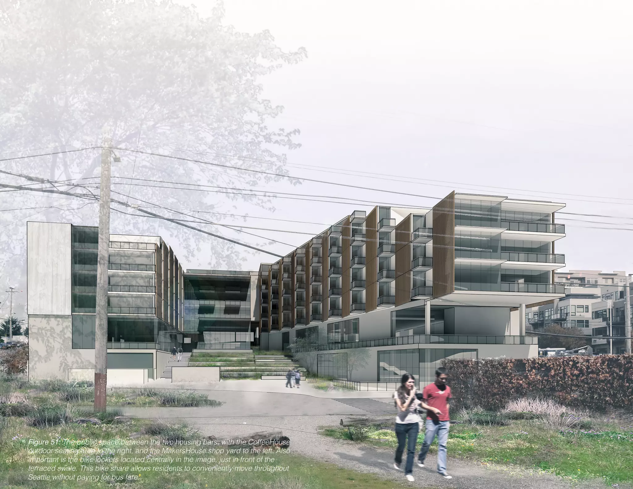 Figure 51: The public space between the two housing bars, with the CoffeeHouse
outdoor seating area to the right, and the MakersHouse shop yard to the left. Also
important is the bike lockers located centrally in the image, just in front of the
terraced swale. This bike share allows residents to conveniently move throughout
Seattle without paying for bus fare.
 