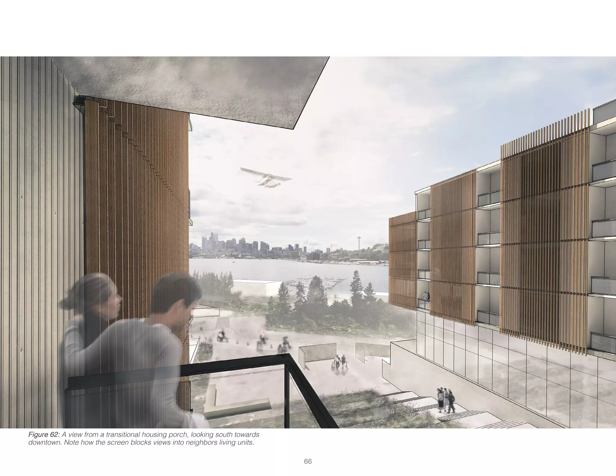 Figure 62: A view from a transitional housing porch, looking south towards
downtown. Note how the screen blocks views into neighbors living units.
66
 