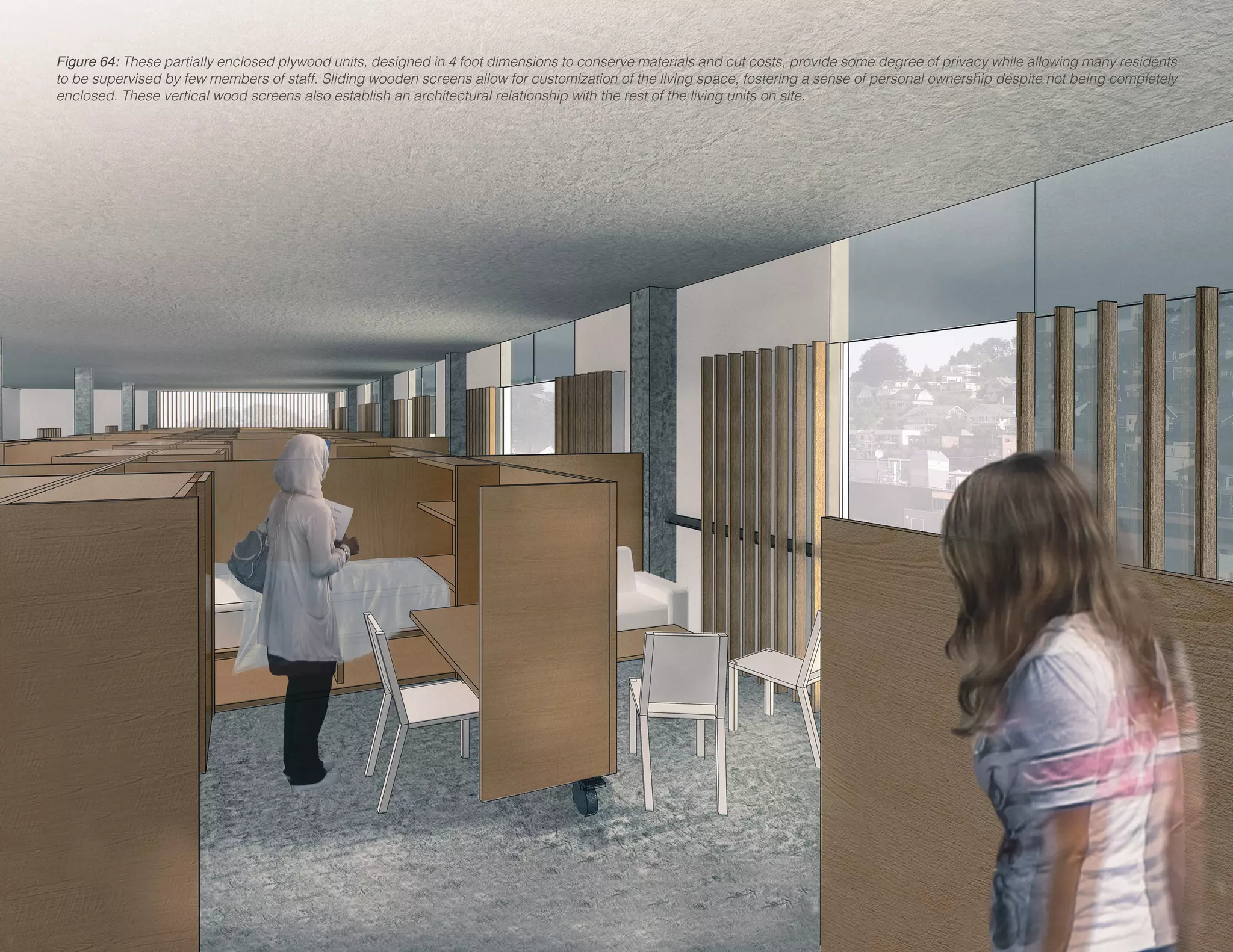 Figure 64: These partially enclosed plywood units, designed in 4 foot dimensions to conserve materials and cut costs, provide some degree of privacy while allowing many residents
to be supervised by few members of staff. Sliding wooden screens allow for customization of the living space, fostering a sense of personal ownership despite not being completely
enclosed. These vertical wood screens also establish an architectural relationship with the rest of the living units on site.
 