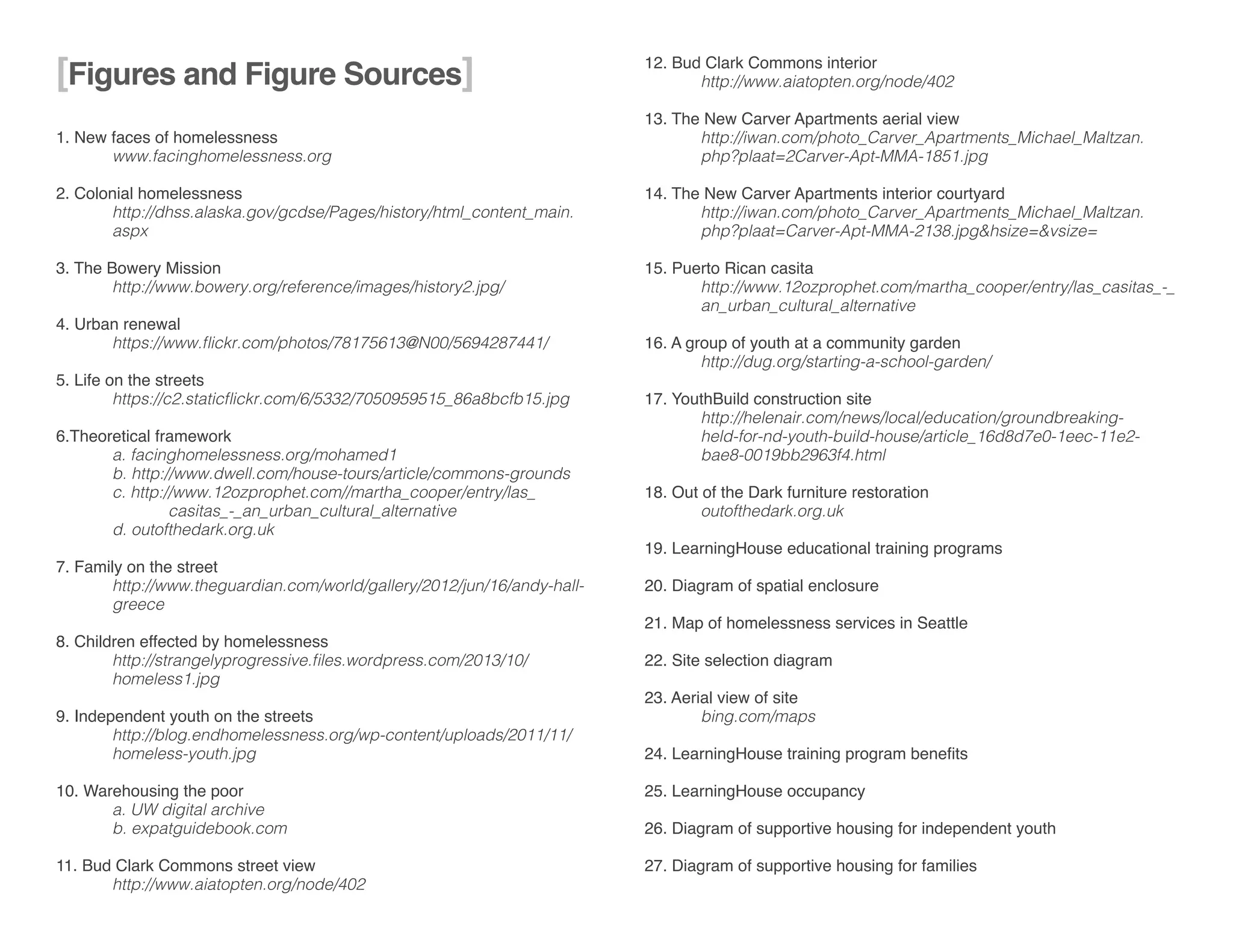 [Figures and Figure Sources]
1. New faces of homelessness
	 www.facinghomelessness.org
2. Colonial homelessness
	http://dhss.alaska.gov/gcdse/Pages/history/html_content_main.	
	aspx
3. The Bowery Mission
	http://www.bowery.org/reference/images/history2.jpg/
4. Urban renewal
	 https://www.flickr.com/photos/78175613@N00/5694287441/
5. Life on the streets
	 https://c2.staticflickr.com/6/5332/7050959515_86a8bcfb15.jpg
6.Theoretical framework
	 a. facinghomelessness.org/mohamed1
	 b. http://www.dwell.com/house-tours/article/commons-grounds
	 c. http://www.12ozprophet.com//martha_cooper/entry/las_		
		casitas_-_an_urban_cultural_alternative
	 d. outofthedark.org.uk
7. Family on the street
	http://www.theguardian.com/world/gallery/2012/jun/16/andy-hall-	
	greece
8. Children effected by homelessness
	 http://strangelyprogressive.files.wordpress.com/2013/10/		
	homeless1.jpg
9. Independent youth on the streets
	http://blog.endhomelessness.org/wp-content/uploads/2011/11/	
	homeless-youth.jpg
10. Warehousing the poor
	 a. UW digital archive
	 b. expatguidebook.com
11. Bud Clark Commons street view
	 http://www.aiatopten.org/node/402
12. Bud Clark Commons interior
	 http://www.aiatopten.org/node/402
13. The New Carver Apartments aerial view
	 http://iwan.com/photo_Carver_Apartments_Michael_Maltzan.		
	 php?plaat=2Carver-Apt-MMA-1851.jpg
14. The New Carver Apartments interior courtyard
	 http://iwan.com/photo_Carver_Apartments_Michael_Maltzan.
	 php?plaat=Carver-Apt-MMA-2138.jpg&hsize=&vsize=
15. Puerto Rican casita
	 http://www.12ozprophet.com/martha_cooper/entry/las_casitas_-_	
	an_urban_cultural_alternative
16. A group of youth at a community garden
	 http://dug.org/starting-a-school-garden/
17. YouthBuild construction site
	 http://helenair.com/news/local/education/groundbreaking-		
	 held-for-nd-youth-build-house/article_16d8d7e0-1eec-11e2-		
	 bae8-0019bb2963f4.html
18. Out of the Dark furniture restoration
	 outofthedark.org.uk
19. LearningHouse educational training programs
	
20. Diagram of spatial enclosure
21. Map of homelessness services in Seattle
	
22. Site selection diagram
23. Aerial view of site
	 bing.com/maps
24. LearningHouse training program benefits
25. LearningHouse occupancy
26. Diagram of supportive housing for independent youth
27. Diagram of supportive housing for families
 