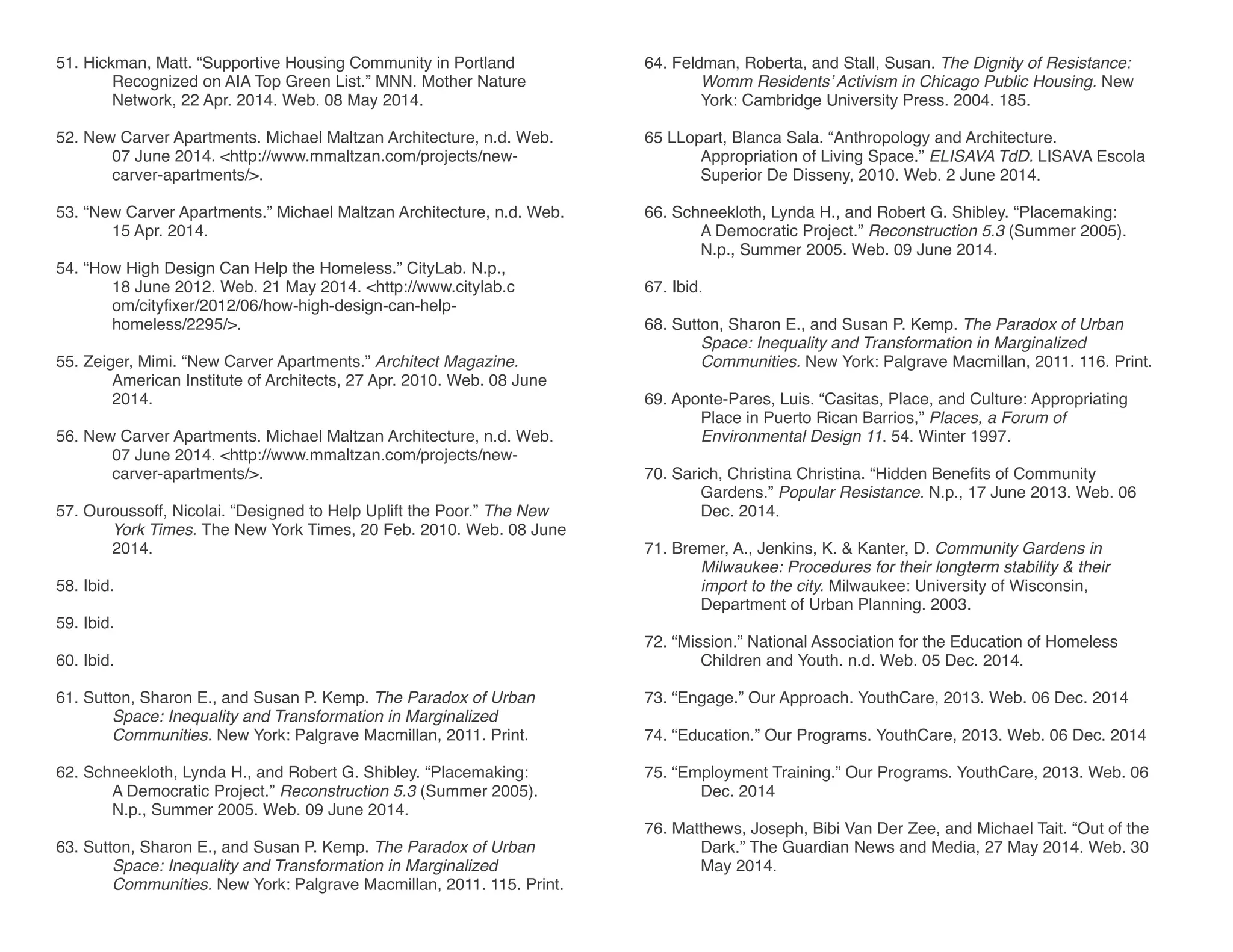 51. Hickman, Matt. “Supportive Housing Community in Portland 		
	 Recognized on AIA Top Green List.” MNN. Mother Nature 		
	 Network, 22 Apr. 2014. Web. 08 May 2014.
52. New Carver Apartments. Michael Maltzan Architecture, n.d. Web. 		
	 07 June 2014. <http://www.mmaltzan.com/projects/new-		
	carver-apartments/>.
53. “New Carver Apartments.” Michael Maltzan Architecture, n.d. Web.
	 15 Apr. 2014.
54. “How High Design Can Help the Homeless.” CityLab. N.p.,
	 18 June 2012. Web. 21 May 2014. <http://www.citylab.c
	 om/cityfixer/2012/06/how-high-design-can-help-			
	homeless/2295/>.
55. Zeiger, Mimi. “New Carver Apartments.” Architect Magazine. 		
	 American Institute of Architects, 27 Apr. 2010. Web. 08 June 		
	2014.
56. New Carver Apartments. Michael Maltzan Architecture, n.d. Web. 		
	 07 June 2014. <http://www.mmaltzan.com/projects/new-		
	carver-apartments/>.
	
57. Ouroussoff, Nicolai. “Designed to Help Uplift the Poor.” The New 		
	 York Times. The New York Times, 20 Feb. 2010. Web. 08 June 	
	2014.
58. Ibid.
59. Ibid.
60. Ibid.
61. Sutton, Sharon E., and Susan P. Kemp. The Paradox of Urban 		
	 Space: Inequality and Transformation in Marginalized 			
	 Communities. New York: Palgrave Macmillan, 2011. Print.
62. Schneekloth, Lynda H., and Robert G. Shibley. “Placemaking: 		
	 A Democratic Project.” Reconstruction 5.3 (Summer 2005). 		
	 N.p., Summer 2005. Web. 09 June 2014.
63. Sutton, Sharon E., and Susan P. Kemp. The Paradox of Urban 		
	 Space: Inequality and Transformation in Marginalized 			
	 Communities. New York: Palgrave Macmillan, 2011. 115. Print.
64. Feldman, Roberta, and Stall, Susan. The Dignity of Resistance: 		
	 Womm Residents’ Activism in Chicago Public Housing. New 		
	 York: Cambridge University Press. 2004. 185.
65 LLopart, Blanca Sala. “Anthropology and Architecture. 			
	 Appropriation of Living Space.” ELISAVA TdD. LISAVA Escola 	
	 Superior De Disseny, 2010. Web. 2 June 2014.
66. Schneekloth, Lynda H., and Robert G. Shibley. “Placemaking: 		
	 A Democratic Project.” Reconstruction 5.3 (Summer 2005). 		
	 N.p., Summer 2005. Web. 09 June 2014.
67. Ibid.
68. Sutton, Sharon E., and Susan P. Kemp. The Paradox of Urban 		
	 Space: Inequality and Transformation in Marginalized 			
	 Communities. New York: Palgrave Macmillan, 2011. 116. Print.
69. Aponte-Pares, Luis. “Casitas, Place, and Culture: Appropriating
	 Place in Puerto Rican Barrios,” Places, a Forum of 			
	 Environmental Design 11. 54. Winter 1997.
70. Sarich, Christina Christina. “Hidden Benefits of Community 		
	Gardens.” Popular Resistance. N.p., 17 June 2013. Web. 06 		
	 Dec. 2014.
71. Bremer, A., Jenkins, K. & Kanter, D. Community Gardens in 		
	 Milwaukee: Procedures for their longterm stability & their
	 import to the city. Milwaukee: University of Wisconsin, 			
	 Department of Urban Planning. 2003.
72. “Mission.” National Association for the Education of Homeless 		
	 Children and Youth. n.d. Web. 05 Dec. 2014.
73. “Engage.” Our Approach. YouthCare, 2013. Web. 06 Dec. 2014
74. “Education.” Our Programs. YouthCare, 2013. Web. 06 Dec. 2014
75. “Employment Training.” Our Programs. YouthCare, 2013. Web. 06 	
	 Dec. 2014
76. Matthews, Joseph, Bibi Van Der Zee, and Michael Tait. “Out of the
	 Dark.” The Guardian News and Media, 27 May 2014. Web. 30 	
	 May 2014.
 
