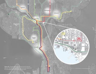 Figure 36: Transportation connections at the site and
beyond. The site is located between two bus stops and
the well-established Burke-Gilman bike path.
 