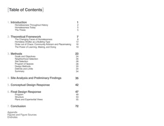 [Table of Contents]
1. Introduction
	 Homelessness Throughout History
	 Homelessness Today
	 The Thesis
2. Theoretical Framework
	 The Changing Faces of Homelessness
	 Homeless Shelter as a Building Type
	 Order out of Chaos: Community Activism and Placemaking
	 The Power of Learning, Making, and Doing
3. Methods
	 Goals and Objectives
	 Neighborhood Selection
	 Site Selection
	 Program of Spaces
	 Design Methods
	 Delimits and Limits
	Summary
4. Site Analysis and Preliminary Findings
5. Conceptual Design Response
6. Final Design Response
	 Program
	Structure
	 Plans and Experiantial Views	
7. Conclusion
Appendix
Figures and Figure Sources
Endnotes
	 2
	 1
	 7
	 8
	 5
	 12
	 26
	 24
	 49
	 53
	 55
	23
	35
	42
	47
	72
	 16
	 28
	 19
	 28
	 33
	 34
	 34
	 5
 