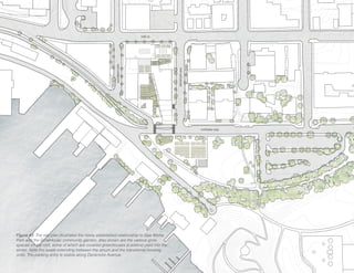 Figure 43: The site plan illustrates the newly established relationship to Gas Works
Park and the GrowHouse community garden. Also shown are the various grow
spaces on the roof, some of which are covered greenhouses to extend yield into the
winter. Note the swale extending between the atrium and the transitional housing
units. The parking entry is visible along Densmore Avenue.
 