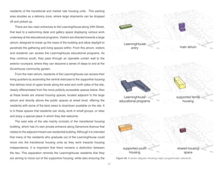 LearningHouse
entry main atrium
LearningHouse
educational programs
supported family
housing
supported youth
housing
shared housing
space
residents of the transitional and market rate housing units. This parking
area doubles as a delivery zone, where large shipments can be dropped
off and picked up.
There are two main entrances to the LearningHouse along 34th Street,
that lead to a welcoming desk and gallery space displaying various work
underway at the educational programs. Visitors are directed towards a large
atrium, designed to break up the mass of the building and allow daylight to
penetrate the gathering and living spaces within. From this atrium, visitors
and residents can access the LearningHouse educational programs. As
they continue south, they pass through an operable curtain wall to the
exterior courtyard, where they can descend a series of steps to end at the
GrowHouse community garden.
From the main atrium, residents of the LearningHouse can access their
living quarters by ascending the central staircase to the supportive housing
that defines most of upper levels along the west and north sides of the site,
clearly differentiated from the more publicly accessible spaces below. Also
at these levels are shared housing spaces, located adjacent to the large
atrium and directly above the public spaces at street level, offering the
residents with some of the best views to downtown available on the site. It
is in these spaces that residents can study, work in small groups, or relax
and enjoy a special place in which they feel welcome.
The east side of the site mainly consists of the transitional housing
building, which has it’s own private entrance along Densmore Avenue that
relates to the adjacent mixed-use residential building.Although it is intended
that many of the residents who graduate out of the LearningHouse could
move into the transitional housing units as they work towards housing
independence, it is important that there remains a distinction between
the two. This separation reminds the LearningHouse residents that they
are aiming to move out of the supportive housing, while also ensuring the Figure 46: A series diagram showing major programmatic elements.
51
 