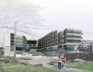 Figure 51: The public space between the two housing bars, with the CoffeeHouse
outdoor seating area to the right, and the MakersHouse shop yard to the left. Also
important is the bike lockers located centrally in the image, just in front of the
terraced swale. This bike share allows residents to conveniently move throughout
Seattle without paying for bus fare.
 