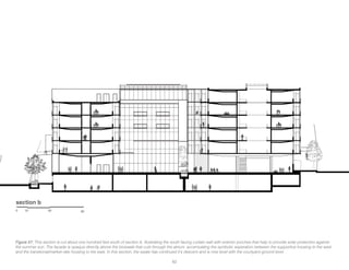 0 10 30 60
section b
Figure 57: This section is cut about one hundred feet south of section A, illustrating the south facing curtain wall with exterior porches that help to provide solar protection against
the summer sun. The facade is opaque directly above the bioswale that cuts through the atrium, accentuating the symbolic seperation between the supportive housing to the west
and the transtional/market-rate housing to the east. In this seciton, the swale has continued it’s descent and is now level with the courtyard ground level.
62
 