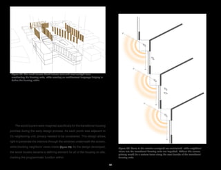 The wood louvers were imagined specifically for the transitional housing
porches during the early design process. As each porch was adjacent to
it’s neighboring unit, privacy needed to be considered. This design allows
light to penetrate the interiors through the windows underneath the screen,
while blocking neighbors’ views inside [figure 60]. As the design developed,
the wood louvers became a defining element for all of the housing on site,
marking the programmatic function within.
Figure 60: Views to the exterior courtyard are maintained, while neighbors’
views into the transitional housing units are impeded. Without this screen,
privacy would be a serious issue along the west facade of the transitional
housing units.
Figure 59: The wood louvers block intense east and west sunlight from
overheating the housing units, while creating an architectural language helping to
define the housing within.
64
 
