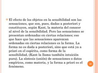 El efecto de los objetos en la sensibilidad son las sensaciones, que son, pues, dadas a posteriori y constituyen, según Kant, la materia del conocer al nivel de la sensibilidad. Pero las sensaciones se presentan ordenadas en ciertas relaciones; eso que hace que las sensaciones aparezcan ordenadas en ciertas relaciones es la forma. La forma no es dada a posteriori, sino que está ya a priori en el espíritu, como forma de la sensibilidad, (Kant la llama también intuición pura). La síntesis (unión) de sensaciones o datos empíricos, como materia, y la forma a priori es el fenómeno. 