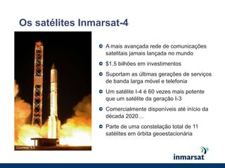 Courtesy: ILSOs satélites Inmarsat-4A mais avançada rede de comunicações satelitais jamais lançada no mundo$1.5 bilhões em investimentos Suportam as últimas gerações de serviços de banda larga móvel e telefoniaUm satélite I-4 é 60 vezes mais potente que um satélite da geração I-3Comercialmente disponíveis até início da década 2020…Parte de uma constelação total de 11 satélites em órbita geoestacionáriaCourtesy ILS & Lockheed Martin Corporation