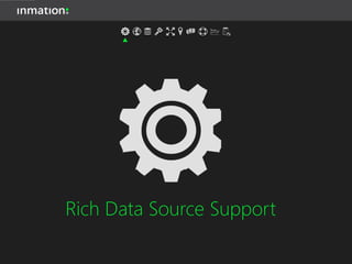 Central
Configuration
Flexibility &
Adaptability
MongoDB
Repository
Secure
Access
Unlimited
Scalability
Rich Data Source
Support
Namespace
Consolidation
Decision Support &
Technical Analysis
Statistics &
Diagnostics
system:inmation
SOFTWARE FEATURES
 