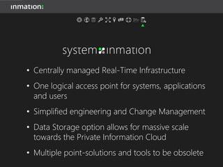• Centrally managed Real-Time Infrastructure
• One logical access point for systems, applications
and users
• Simplified engineering and Change Management
• Data Storage option allows for massive scale
towards the Private Information Cloud
• Multiple point-solutions and tools to be obsolete
 