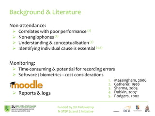Non-attendance:
 Correlates with poor performance (1)
 Non-anglophones(2)
 Understanding & conceptualisation(3)
 Identifying individual cause is essential (4,5)
Monitoring:
 Time-consuming & potential for recording errors
 Software / biometrics –cost considerations
 Reports & logs
Background & Literature
1. Massingham, 2006
2. Gatherer, 1998
3. Sharma, 2005
4. Dobkin, 2007
5. Rodgers, 2002
Funded by 3U Partnership
N-STEP Strand 1 Initiative
 
