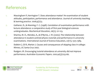 1. Massingham P, Herrington T. Does attendance matter? An examination of student
attitudes, participation, performance and attendance. Journal of university teaching
& learning practice. 2006;3(2):3.
2. Gatherer, D., & Manning, F. C. (1998). Correlation of examination performance with
lecture attendance: a comparative study of first-year biological sciences
undergraduates. Biochemical Education, 26(2), 121-123.
3. Sharma, M. D., Mendez, A., & O’Byrne, J. W. (2005). The relationship between
attendance in student‐centred physics tutorials and performance in university
examinations. International Journal of Science Education, 27(11), 1375-1389.
4. Dobkin C, Gil R, Marion J. Causes and consequences of skipping class in college:
Mimeo, UC Santa Cruz 2007.
5. Rodgers JR. Encouraging tutorial attendance at university did not improve
performance. Australian Economic Papers. 2002;41(3):255-66.
References
Funded by 3U Partnership
N-STEP Strand 1 Initiative
 
