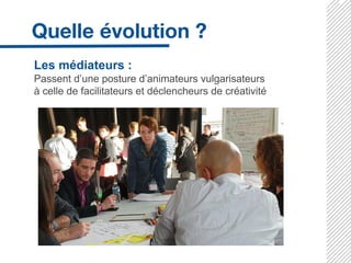 Les médiateurs :
Passent d’une posture d’animateurs vulgarisateurs
à celle de facilitateurs et déclencheurs de créativité
 