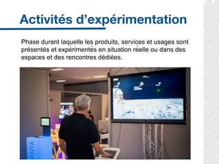 Phase durant laquelle les produits, services et usages sont
présentés et expérimentés en situation réelle ou dans des
espaces et des rencontres dédiées.
 