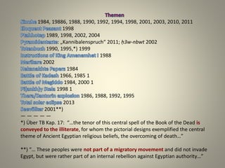 1984, 19886, 1988, 1990, 1992, 1994, 1998, 2001, 2003, 2010, 2011
1998
1989, 1998, 2002, 2004
: „Kannibalenspruch“ 2011; ḥ3w-nbwt 2002
1990, 1995,*) 1999
1988
2002
1984
1966, 1985 1
1984, 2000 1
1998 1
1986, 1988, 1992, 1995
2013
2001**)
— — — — —
*) Über TB Kap. 17: “…the tenor of this central spell of the Book of the Dead is
conveyed to the illiterate, for whom the pictorial designs exemplified the central
theme of Ancient Egyptian religious beliefs, the overcoming of death…”
**) “… These peoples were not part of a migratory movement and did not invade
Egypt, but were rather part of an internal rebellion against Egyptian authority…”
 