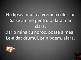 Nu lipsea mult ca vremea culorilor
Sa se amîne pentru o data mai
clara.
Dar o mîna cu noroc, poate a mea,
Le-a dat drumul, prin poem, afara.
 