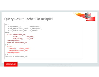 Query Result Cache: Ein Beispiel
SELECT
a.department_id "Department",
a.num_emp/b.total_count "%_Employees",
a.sal_sum/b.total_sal "%_Salary"
FROM (
SELECT department_id,
COUNT(*) num_emp,
SUM(salary) sal_sum
Copyright © 2014 Oracle and/or its affiliates. All rights reserved.
SUM(salary) sal_sum
FROM employees
GROUP BY department_id
) a, (
SELECT
COUNT(*) total_count,
SUM(salary) total_sal
FROM employees
) b
ORDER BY a.department_id;
 
