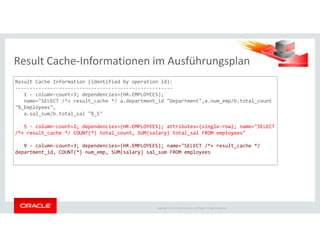 Result Cache-Informationen im Ausführungsplan
Result Cache Information (identified by operation id):
------------------------------------------------------
1 - column-count=3; dependencies=(HR.EMPLOYEES);
name="SELECT /*+ result_cache */ a.department_id "Department",a.num_emp/b.total_count
"%_Employees",
a.sal_sum/b.total_sal "%_S"
5 - column-count=2; dependencies=(HR.EMPLOYEES); attributes=(single-row); name="SELECT
Copyright © 2014 Oracle and/or its affiliates. All rights reserved.
5 - column-count=2; dependencies=(HR.EMPLOYEES); attributes=(single-row); name="SELECT
/*+ result_cache */ COUNT(*) total_count, SUM(salary) total_sal FROM employees"
9 - column-count=3; dependencies=(HR.EMPLOYEES); name="SELECT /*+ result_cache */
department_id, COUNT(*) num_emp, SUM(salary) sal_sum FROM employees
 