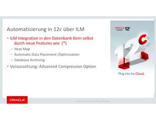 • ILM Integration in den Datenbank Kern selbst
durch neue Features wie (*)
– Heat Map
– Automatic Data Placement /Optimization
– Database Archiving
Automatisierung in 12c über ILM
Copyright © 2014 Oracle and/or its affiliates. All rights reserved.
– Database Archiving
• Voraussetzung: Advanced Compression Option
 