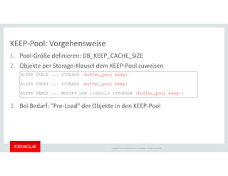 KEEP-Pool: Vorgehensweise
1. Pool-Größe definieren: DB_KEEP_CACHE_SIZE
2. Objekte per Storage-Klausel dem KEEP-Pool zuweisen
ALTER TABLE ... STORAGE (buffer_pool keep)
ALTER INDEX ... STORAGE (buffer_pool keep)
Copyright © 2014 Oracle and/or its affiliates. All rights reserved.
3. Bei Bedarf: "Pre-Load" der Objekte in den KEEP-Pool
ALTER TABLE ... MODIFY LOB (lobcol) (STORAGE (buffer_pool keep))
 
