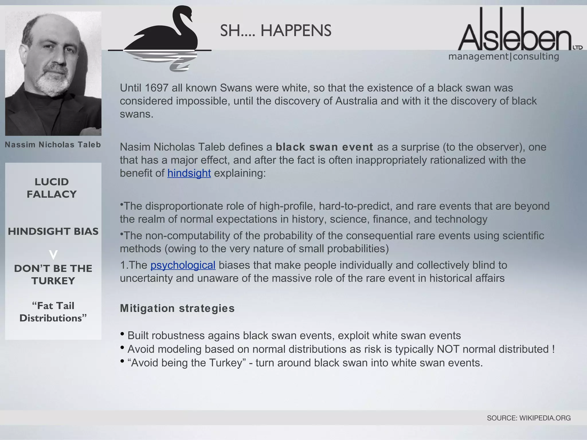 SH.... HAPPENS
                                                                                              management|consulting


                        Until 1697 all known Swans were white, so that the existence of a black swan was
                        considered impossible, until the discovery of Australia and with it the discovery of black
                        swans.

Nassim Nicholas Taleb   Nasim Nicholas Taleb defines a black swan event as a surprise (to the observer), one
                        that has a major effect, and after the fact is often inappropriately rationalized with the
                        benefit of hindsight explaining:
     LUCID
    FALLACY
                        •The disproportionate role of high-profile, hard-to-predict, and rare events that are beyond
                        the realm of normal expectations in history, science, finance, and technology
HINDSIGHT BIAS          •The non-computability of the probability of the consequential rare events using scientific
         v              methods (owing to the very nature of small probabilities)
                        1.The psychological biases that make people individually and collectively blind to
  DON’T BE THE
    TURKEY              uncertainty and unaware of the massive role of the rare event in historical affairs

     “Fat Tail          Mitigation strategies
   Distributions”
                        • Built robustness agains black swan events, exploit white swan events
                        • Avoid modeling based on normal distributions as risk is typically NOT normal distributed !
                        • “Avoid being the Turkey” - turn around black swan into white swan events.



                                                                                                       SOURCE: WIKIPEDIA.ORG
 