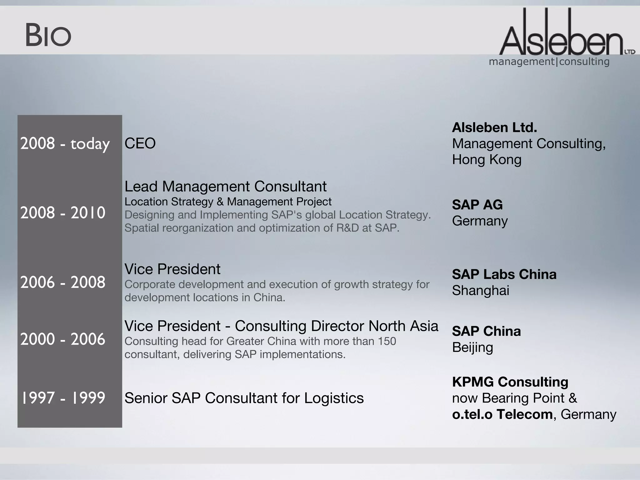 BIO
                                                                                 management|consulting




                                                                           Alsleben Ltd.
2008 - today CEO                                                           Management Consulting,
                                                                           Hong Kong
              Lead Management Consultant
              Location Strategy & Management Project                       SAP AG
2008 - 2010   Designing and Implementing SAP's global Location Strategy.
                                                                           Germany
              Spatial reorganization and optimization of R&D at SAP.


              Vice President                                               SAP Labs China
2006 - 2008   Corporate development and execution of growth strategy for
                                                                           Shanghai
              development locations in China.

              Vice President - Consulting Director North Asia SAP China
2000 - 2006   Consulting head for Greater China with more than 150
                                                                           Beijing
              consultant, delivering SAP implementations.

                                                                           KPMG Consulting
1997 - 1999   Senior SAP Consultant for Logistics                          now Bearing Point &
                                                                           o.tel.o Telecom, Germany
 