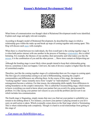 Knapp's Relational Development Model
What forms of communication was Knapp's ideal of Relational Development model were identified.
Explain each stage and apply relevant examples.
According to Knapp's model of Relational Development, he described the stages in which a
relationship goes within the make up and break up steps of coming together and coming apart. This
blog will discuss each stage with examples.
When there is a bond between two individuals, the first overall part is the coming together stage. It
is when both parties interact with one another in the process of forming a relationship, this is called
Initiating. For example, the likeness of one another, their personality and what makes you like the
person, it is the combination of you and the other person. ... Show more content on Helpwriting.net
...
Although the bonding stage is most likely where people intend to keep their relationship going
forever, sometimes it does not happen. Until now, the rank of divorce couples is higher than the rate
of committed couples.
Therefore, just like the coming together stages of a relationship there are five stages to coming apart.
The first sign of a relationship coming to an end is Differentiating, meaning the couple's
commonalities and differences are affecting them. In the course of this stage, the impetus of
"working together" stance instantly move from "couple" to "individualistic". Temporary
estrangement become a solution. For that reason, the relationship shifts rapidly from differences to
setting boundaries on the couple's interaction. This is called the Circumscribing stage, which means
to know everything you need to know about your partner but you avoid it by going around the
problem. It is like saying your partner isn't sincere so you avoid the problem and not sort it out
which includes less communication.
The fourth stage is Stagnating, simply means that once you find out your partner is unfaithful you
remain to do nothing about it. For instance, you know your partner is playing around so you let it
carry on until action is taken. Which eventually comes down to the final stage which is Terminating.
This is where relationship ends completely. Though it is hard to avoid relationships from getting to
this stage of
... Get more on HelpWriting.net ...
 