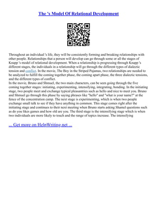 The 's Model Of Relational Development
Throughout an individual 's life, they will be consistently forming and breaking relationships with
other people. Relationships that a person will develop can go through some or all the stages of
Knapp 's model of relational development. When a relationship is progressing through Knapp 's
different stages, the individuals in a relationship will go through the different types of dialectic
tension and conflict. In the movie, The Boy in the Striped Pajamas, two relationships are needed to
be analyzed to fulfill the coming together phase, the coming apart phase, the three dialectic tensions,
and the different types of conflict.
In the movie, Bruno and Shmuel, the two main characters, can be seen going through the five
coming together stages: initiating, experimenting, intensifying, integrating, bonding. In the initiating
stage, two people meet and exchange typical pleasantries such as hello and nice to meet you. Bruno
and Shmuel go through this phase by saying phrases like "hello" and "what is your name?" at the
fence of the concentration camp. The next stage is experimenting, which is when two people
exchange small talk to see if they have anything in common. This stage comes right after the
initiating stage and continues to their next meeting when Bruno starts asking Shamel questions such
as do you likes games and how old are you. The third stage is the intensifying stage which is when
two individuals are more likely to touch and the range of topics increase. The intensifying
... Get more on HelpWriting.net ...
 