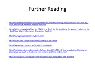 Further Reading
• http://www.ventanaresearch.com/uploadedFiles/Content/Landing_Pages/Ventana_Research_Big_
Data_Benchmark_Research_Presentation.pdf
• http://wikibon.org/wiki/v/Data_in_DRAM_is_a_Flash_in_the_Pan#Data_in_Memory_Solutions_for
_Real-Time_High-Performance_Transaction_Analytics
• http://www.gridgain.com/book/book.html
• http://java.dzone.com/articles/compute-grids-vs-data-grids
• http://www.infoq.com/articles/in-memory-data-grids
• http://natishalom.typepad.com/nati_shaloms_blog/2011/07/real-time-analytics-for-big-data-an-
alternative-approach-to-facebooks-new-realtime-analytics-system.html
• https://del.sapient.resultspace.com/scm/gmtechip/POCs/gridgain_risk_analytics
 