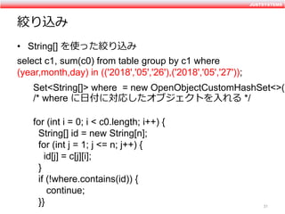 JUSTSYSTEMSJUSTSYSTEMS
• String[] を使った絞り込み
select c1, sum(c0) from table group by c1 where
(year,month,day) in (('2018','0...