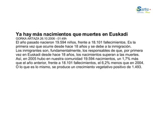 Ya hay más nacimientos que muertes en Euskadi GORKA ARTAZA 26.10.2006 - 01:49h El año pasado nacieron 19.594 niños, frente a 18.101 fallecimientos. Es la  primera vez que ocurre desde hace 18 años y se debe a la inmigración. Los inmigrantes son, fundamentalmente, los responsables de que, por primera vez en Euskadi desde hace 18 años, los nacimientos superan a las muertes. Así, en 2005 hubo en nuestra comunidad 19.594 nacimientos, un 1,7% más que el año anterior, frente a 18.101 fallecimientos, el 6,2% menos que en 2004. O lo que es lo mismo, se produce un crecimiento vegetativo positivo de 1.493. 