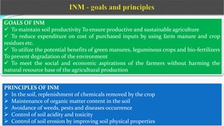 GOALS OF INM
 To maintain soil productivity To ensure productive and sustainable agriculture
 To reduce expenditure on cost of purchased inputs by using farm manure and crop
residues etc.
 To utilize the potential benefits of green manures, leguminous crops and bio-fertilizers
To prevent degradation of the environment
 To meet the social and economic aspirations of the farmers without harming the
natural resource base of the agricultural production
PRINCIPLES OF INM
 In the soil, replenishment of chemicals removed by the crop
 Maintenance of organic matter content in the soil
 Avoidance of weeds, pests and diseases occurrence
 Control of soil acidity and toxicity
 Control of soil erosion by improving soil physical properties
 