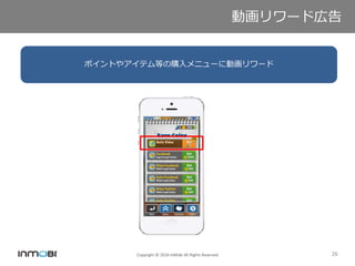 Copyright © 2016 InMobi All Rights Reserved 26
ポイントやアイテム等の購入メニューに動画リワード
動画リワード広告
 