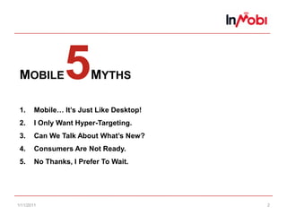 10/29/20102MOBILE5MYTHSMobile… It’s Just Like Desktop!I Only Want Hyper-Targeting.Can We Talk About What’s New?Consumers Are Not Ready.No Thanks, I Prefer To Wait.