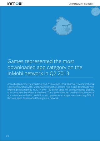 APP INSIGHT REPORT

Games represented the most
downloaded app category on the
InMobi network in Q2 2013
According to Junip...